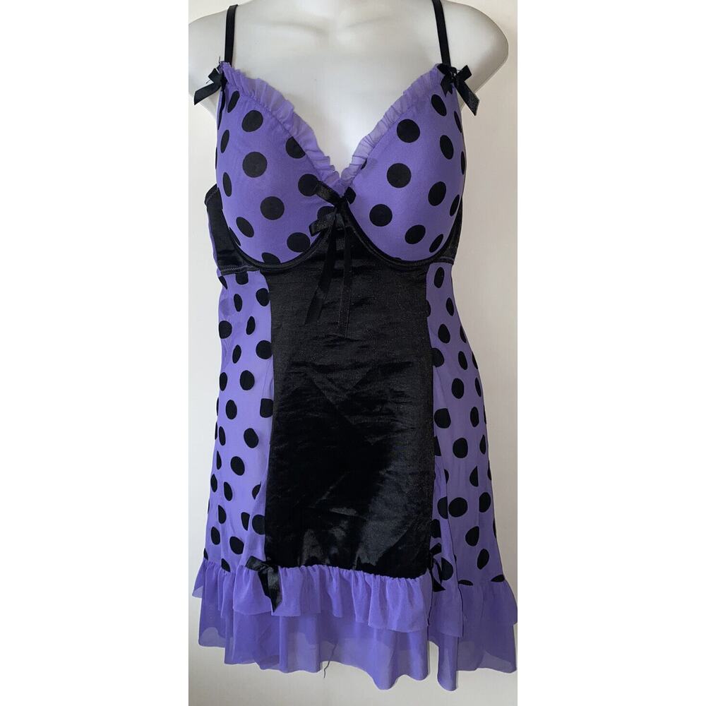 Womens Sexy Native Intimates 40D Baby Doll LINGERIE SHEER Purple Polka Dot